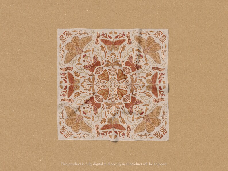 May include: A square, white fabric bandana with a repeating pattern of brown and orange moths, leaves, and flowers. The bandana has a slightly wrinkled appearance.