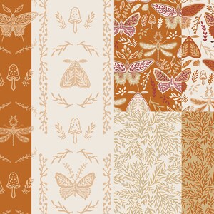 May include: A set of eight seamless patterns featuring various insects, mushrooms, and foliage in a warm brown and cream color palette. The patterns are perfect for creating a nature-inspired design.