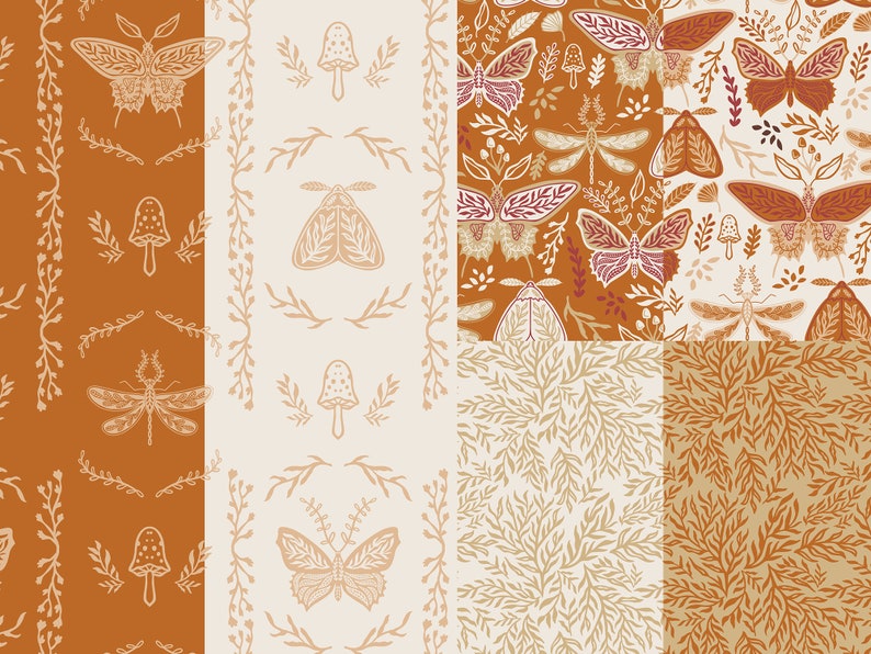 May include: A set of eight seamless patterns featuring various insects, mushrooms, and foliage in a warm brown and cream color palette. The patterns are perfect for creating a nature-inspired design.