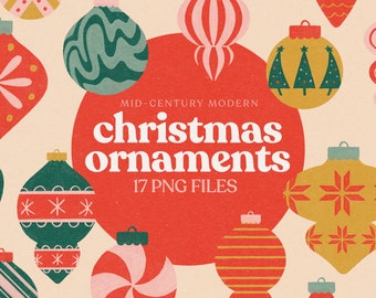 May include: A set of 17 mid-century modern Christmas ornaments in various colors and patterns, including red, green, yellow, pink, and white. The ornaments feature geometric designs, snowflakes, and stylized trees. The text "MID-CENTURY MODERN christmas ornaments 17 PNG FILES" is displayed on a red background.