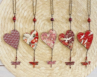 Collana Cuore in legno e carta giapponese chiyogami - diverse fantasie rosso pronta consegna