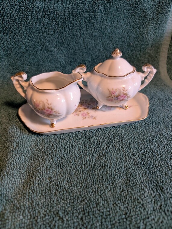 Lefton China Mini Sugar & Creamer Tray Set #7051 Hand Painted