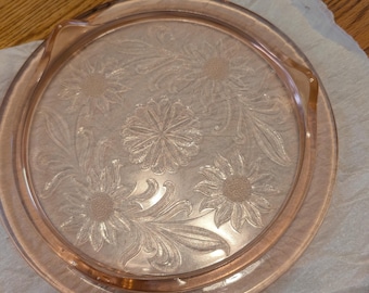 Vintage Jeanette Pink Depression Glass 10" Footed Cake Plate Sunflower Daisy