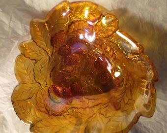Vintage Indiana Carnival Glass Loganberry Leaf Amber Marigold Candy Dish