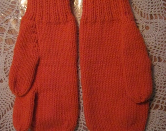 Hand Knit, Left or right handed Safety Orange Mens Trigger Finger, Hunting Mittens