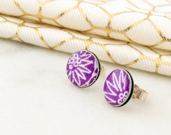 Letterbox gift for friend, purple and 925 silver stud earrings, wearable art with nature inspired pattern