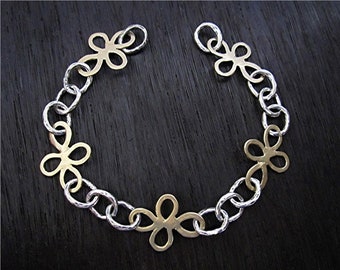 Sterling Silver and Gold Bronze Artisan Flower Link Chain (7 1/2 inches)