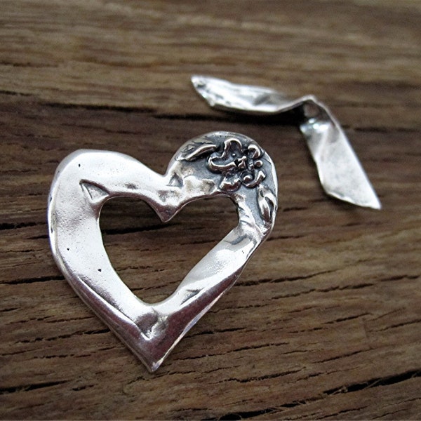 Heart and Flower Artisan Toggle Clasp in Sterling Silver (one)