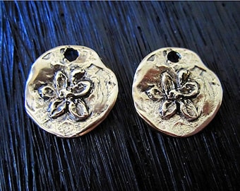 Small Artisan Flower Disc Earring Charm and Pendant in Gold Bronze (set of 2) (N)