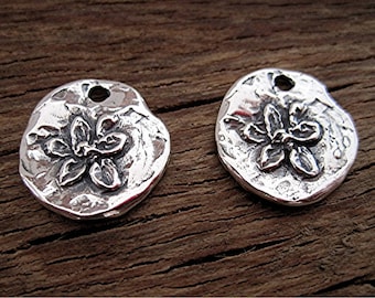 Small Artisan Flower Disc Earring Charm and Pendant in Sterling Silver (set of 2) (N)