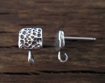 Rustic Textured Square Earring Posts in Sterling Silver (one pair)