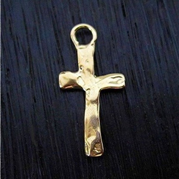 Small Rustic Artisan Cross Charm in Gold Bronze (one) (N)