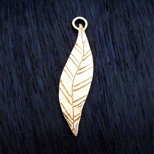 Large Gold Bronze, Handmade, Artisan, Feather and Leaf Charm and Pendant (one) (A)