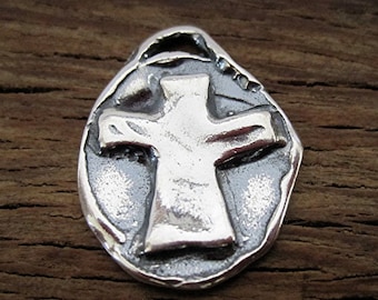 Beautiful Rustic Artisan Oval Cross Charm and Pendant in Sterling Silver (one) (A)