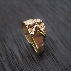 May include: A gold-colored ring with a textured, sculpted design on the face. The ring has a thick band and a detailed, raised pattern, possibly depicting a stylized shape. The ring is shown against a dark, textured background.