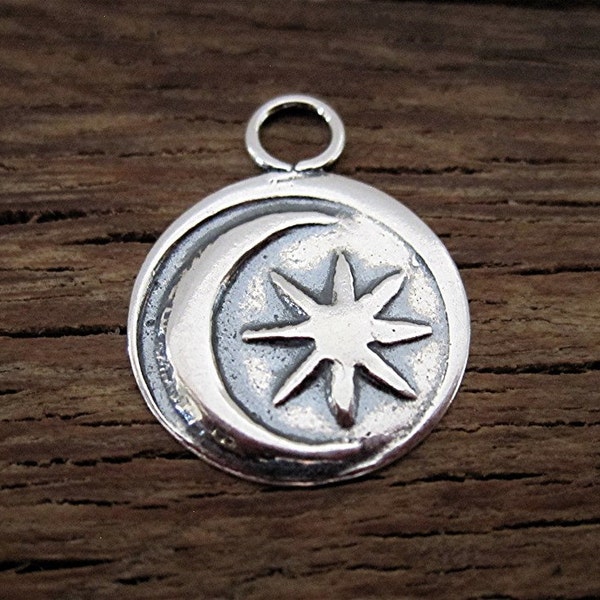 Artisan Stamped Sun and Moon Charm in Sterling Silver (one)