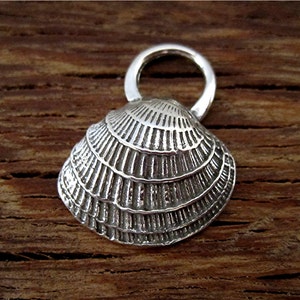 May include: A silver seashell pendant with a textured surface and a loop for a chain. The pendant is detailed with ridged lines, giving it a realistic appearance. The background is a wooden surface.
