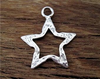 One Medium Artisan Hammered Cut-out Star Charm and Pendant in Sterling Silver (one) (A)