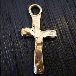 Small Rustic Artisan Cross Charm in Gold Bronze (one) (A)