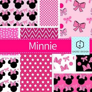 May include: A set of 10 digital papers featuring Minnie Mouse in various pink and white patterns. The patterns include polka dots, stars, zigzags, and Minnie Mouse silhouettes. The papers are perfect for scrapbooking, card making, and other crafting projects.
