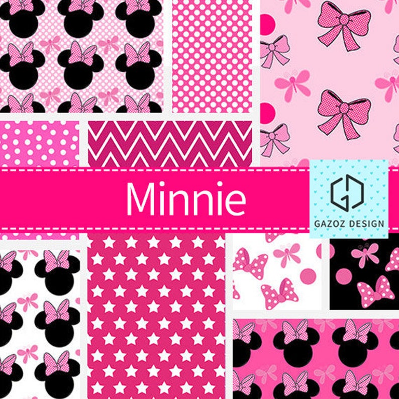 Minnie Mouse Digital Paper Pack, Polka Dots, Minnie Mouse Heads, Stars Printable Party Decor, Scrapbooking Paper Instant Download image 1