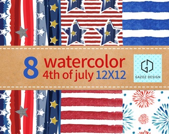 America Watercolor 4th of July Digital Paper Set in Bright Colors, Instant Download, 8 printable scrapbooking digital  * Commercial use