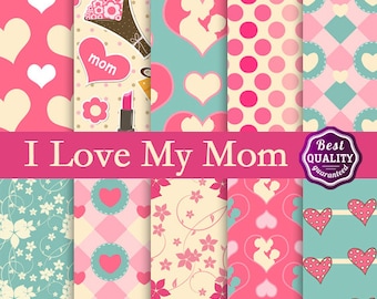 Muttertag-Digital-Papier mit Herzen, Mutter und Kind, Blumen Hintergrund, tupfen und mehr * Mama digitales Papier drucken, Instant Download