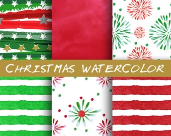 WATERCOLOR Christmas digital papers, 6 designs - printable, Christmas pack, watercolor Backgrounds, Holiday Scrapbook Paper