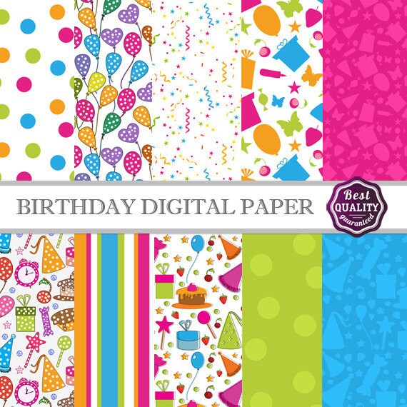 Birthday digital paper pack * w/birthday patterns, to use in scrapbooking, card making and backgrounds * Printable, Instant Download