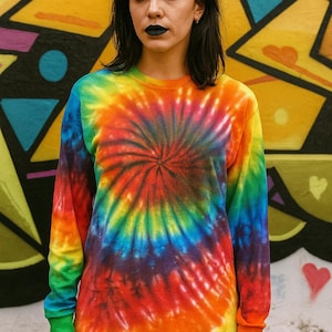Long Sleeve Vibrant Rainbow Spiral Tie Dye, Hand Dyed, Made to Order