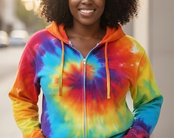 Tie Dye Hoodie – Rainbow Zip Up Handmade Sweatshirt, Unisex Hippie Boho Festival Clothing, Made to Order
