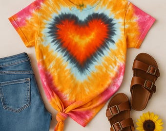 Żółte i różowe serce w kolorze tie-dye, farbowane ręcznie, wykonane na zamówienie