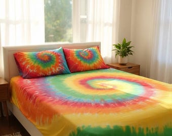 Tie Dye Sheet Set – 4 Piece Cotton Percale Bedding, Handmade Rainbow Boho Bed Sheets, Colorful Hippie Bedroom Decor