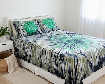 Hand Dyed Tie Dye Sheet Set – 4 Piece Cotton Percale Bedding, Boho Hippie Bedroom Decor, Custom Made to Order