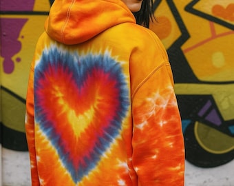 Tie Dye Zip Up Hoodie with Heart Design, Hand Dyed, Made to Order