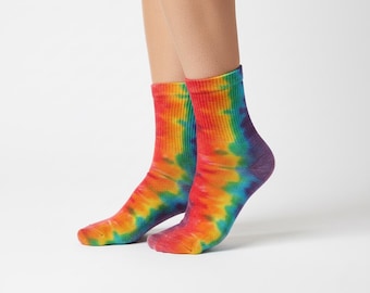 Tie Dye Socks Pack – 3 Pair Handmade Women’s Crew Socks, Rainbow Boho Hippie Festival Wear, Made to Order
