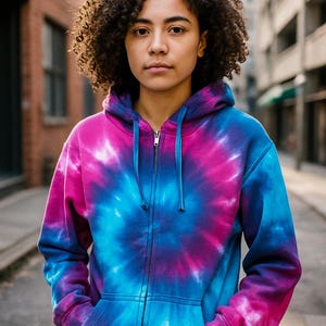 Tie Dye Hoodie – Pink, Purple & Blue Zip Up Sweatshirt, Handmade Unisex Boho Clothing, Festival Jacket, Made to Order