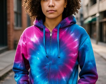 Tie Dye Hoodie – Pink, Purple & Blue Zip Up Sweatshirt, Handmade Unisex Boho Clothing, Festival Jacket, Made to Order