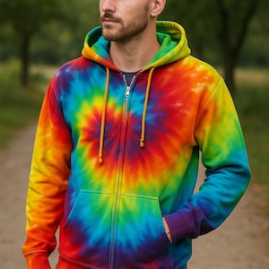 Tie Dye Zip Up Hoodie Rainbow, Hand Dyed, Made to Order