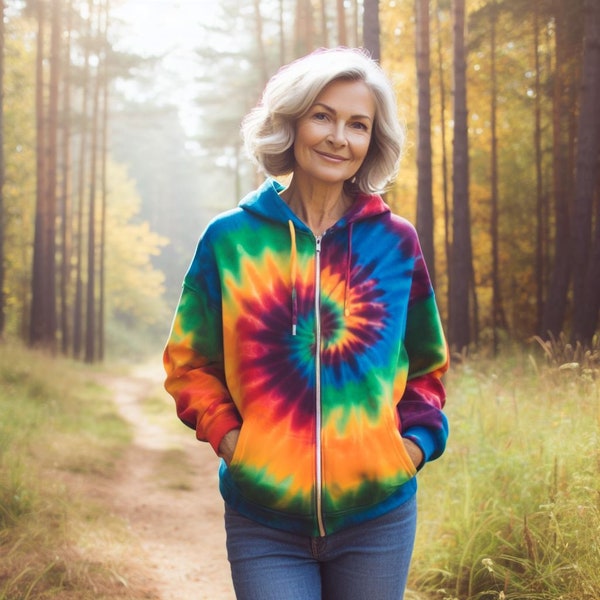 Tie Dye Zip Up Hoodie Rainbow, teñido a mano, hecho por encargo