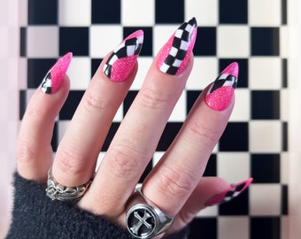 THE FINISH LINE Hot Barbie pink reflective glitter checkerboard  alt style press on nails hand painted | false nails, gel nails, press ons
