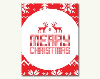 Merry Christmas Knit Sweater Deer Holiday Christmas Art Print - INSTANT DOWNLOAD - 11"x14"