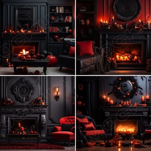 4 Halloween Digital Backdrops for Photography - Halloween Black and Red Decorated Fireplace