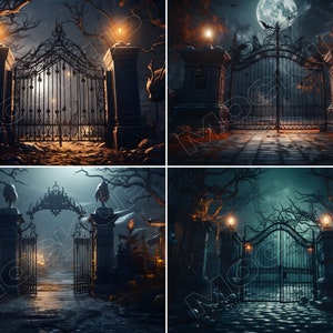 4 Halloween Digital Backdrops for Photography - Cemetary Gates