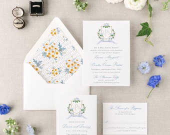nautical watercolor crest wedding invitation / custom dusty blue monogram invitation suite