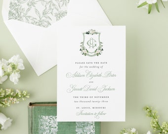 sage watercolor crest save the date invitation / floral wreath / custom / monogram / logo / calligraphy / sage green