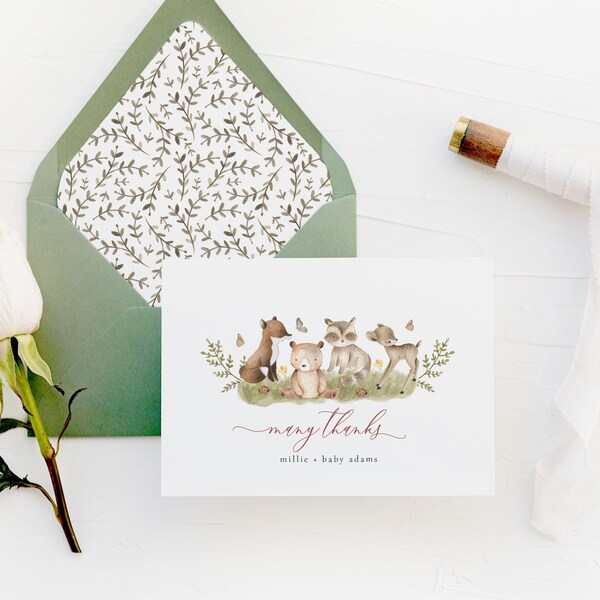 personalized baby shower thank you cards / woodland animals / kids stationery