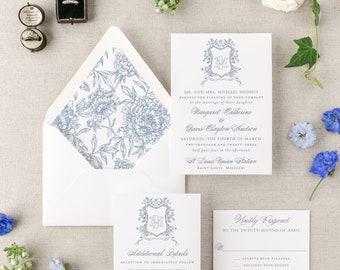 Monogram Wedding Invitation: Custom Crest, Letterpress Option