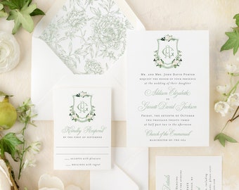 sage watercolor crest wedding invitation / invitation suite / wedding invite set / floral wreath / custom / monogram / logo / calligraphy