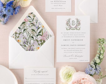 spring floral watercolor crest wedding invitation / invitation suite / wedding invite set / sage green / floral wreath / custom / monogram